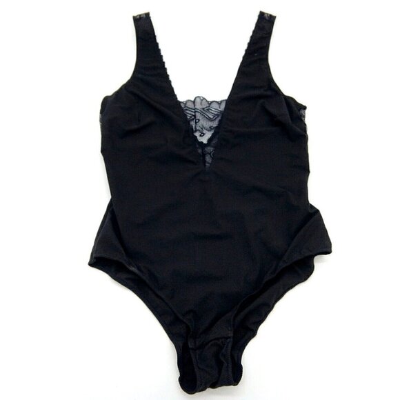 & Other Stories Black Lace Overlay Bodysuit Size 6 Peek A Boo V Neck Teddy - Picture 1 of 9